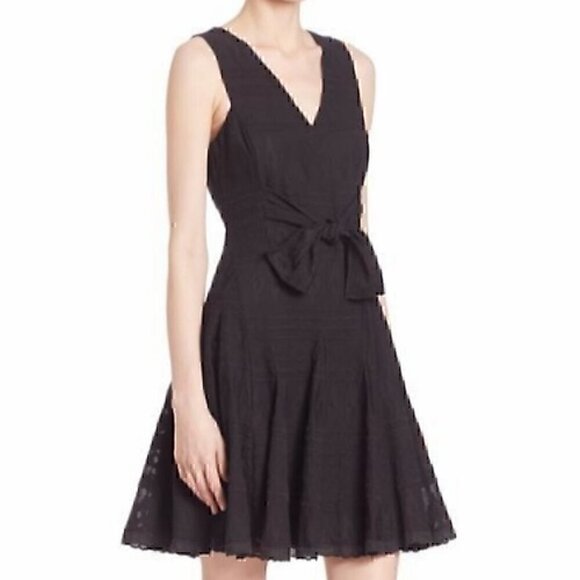 REBECCA TAYLOR Tie Embroidered Gauze Dress Black Geo Eyelet Boho Midi Fit Flare - Picture 3 of 16